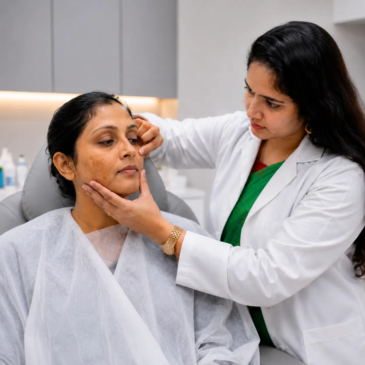 Dermatology consultation at Smart Surgeons Trivandrum where a specialist examines a patient's skin under diagnostic light before recommending pigmentation treatment