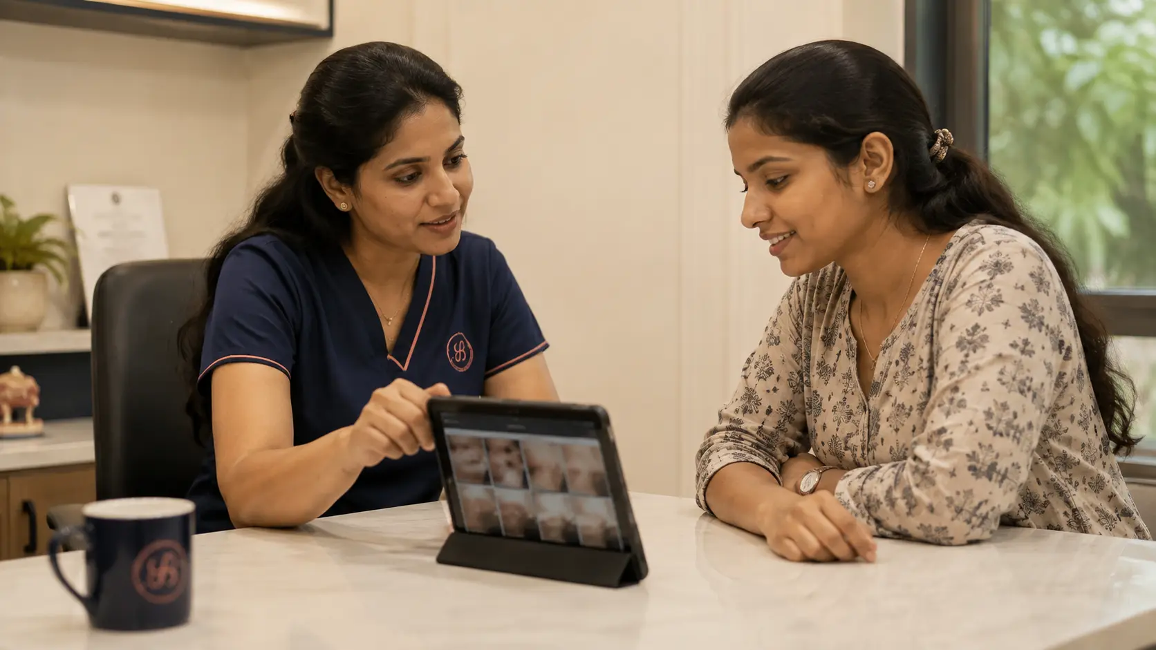 Clinician at Smart Surgeons Trivandrum reviewing a patient's digital pigmentation progress photos on a tablet during a follow-up visit